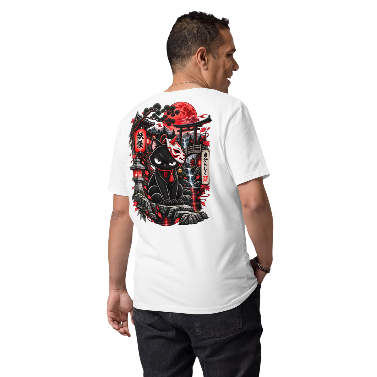 T-shirt blanc Inky Yokai, chat noir et lune rouge imprimés au dos