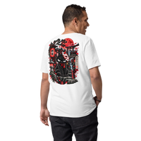 T-shirt blanc Inky Yokai, chat noir et lune rouge imprimés au dos