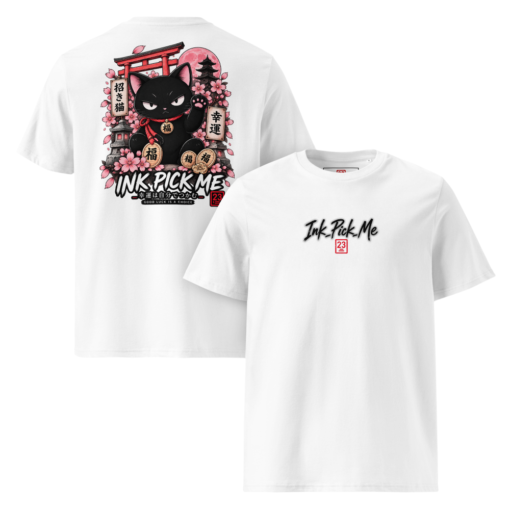 T-shirt blanc Maneki Neko Ink Pick Me, chat noir, sakura et torii imprimés au dos