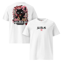T-shirt blanc Maneki Neko Ink Pick Me, chat noir, sakura et torii imprimés au dos
