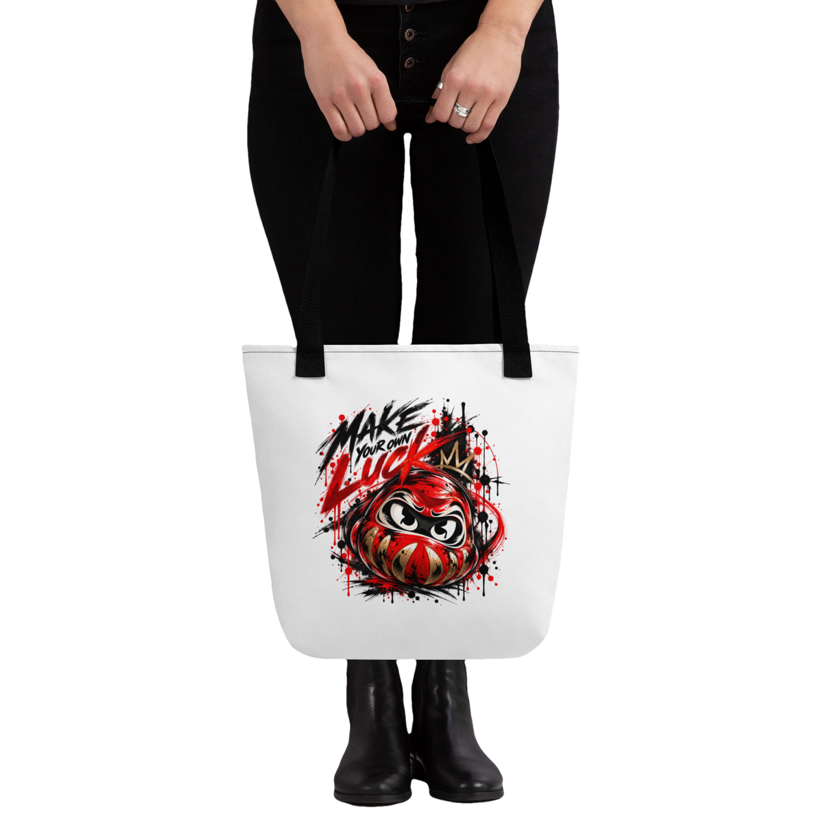 Tote bag blanc Daruma Ink Pick Me, message Make Your Own Luck, anses noires