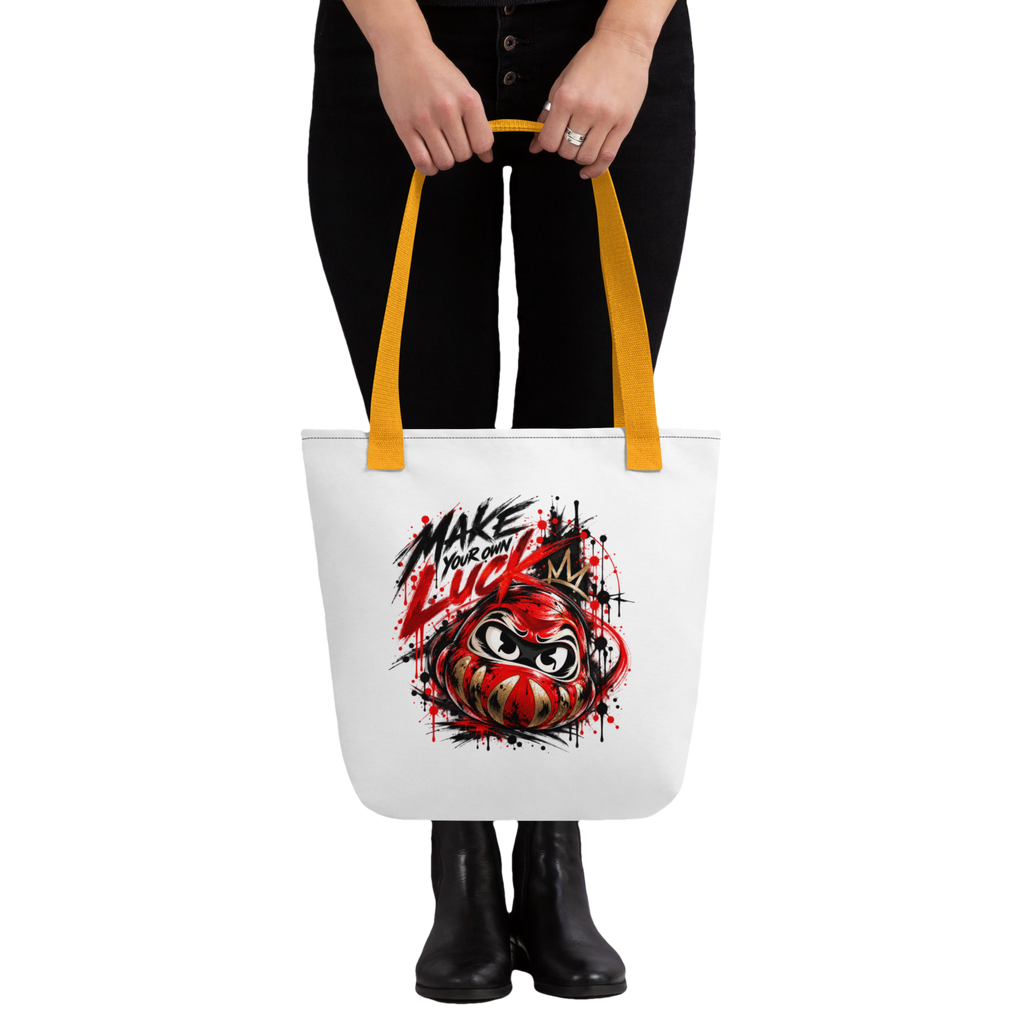 Tote bag blanc Daruma Ink Pick Me, message Make Your Own Luck, anses jaunes