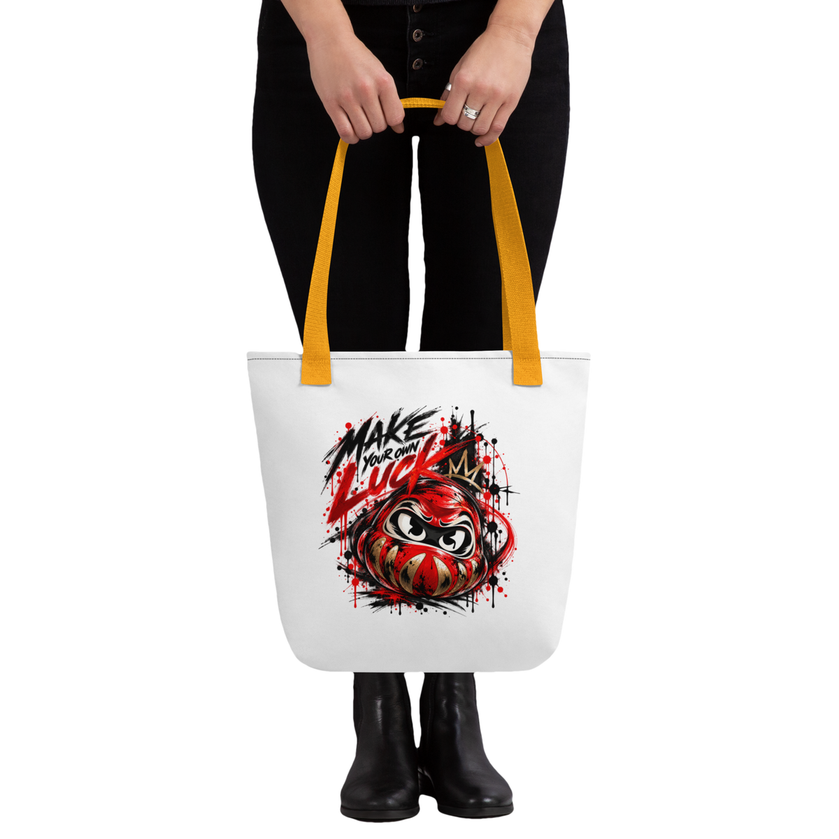 Tote bag blanc Daruma Ink Pick Me, message Make Your Own Luck, anses jaunes