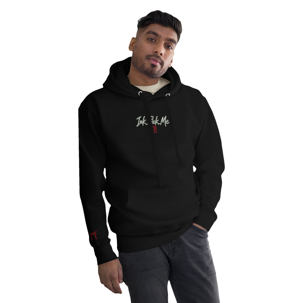 Hoodie Signature brodé noir en coton bio Ink Pick Me, logo et torii rouge – photo 1