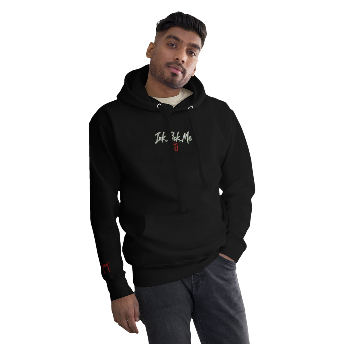 Hoodie Signature brodé noir en coton bio Ink Pick Me, logo et torii rouge – photo 1