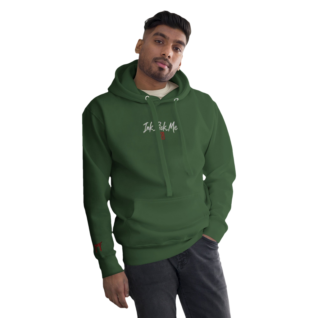 Hoodie Signature brodé noir en coton bio Ink Pick Me, logo et torii rouge – photo 3