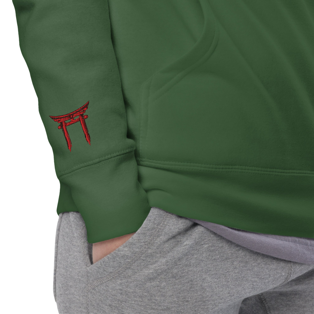 Hoodie Signature brodé noir en coton bio Ink Pick Me, logo et torii rouge – photo 5