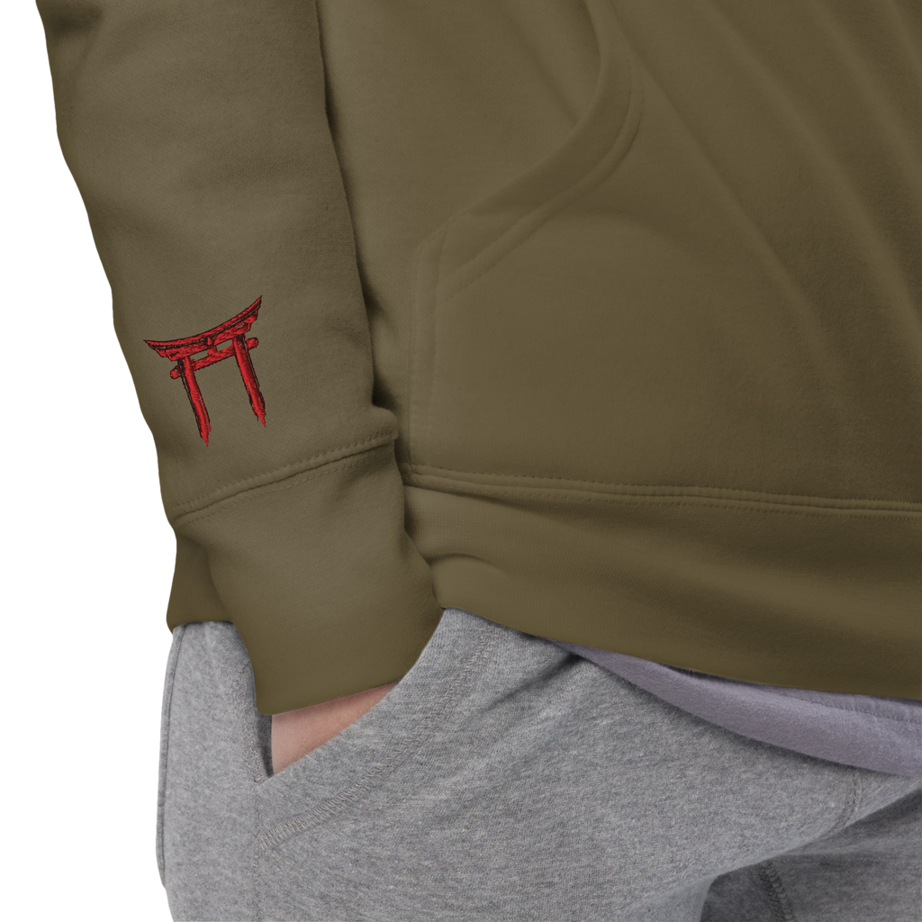 Hoodie Signature brodé noir en coton bio Ink Pick Me, logo et torii rouge – photo 6