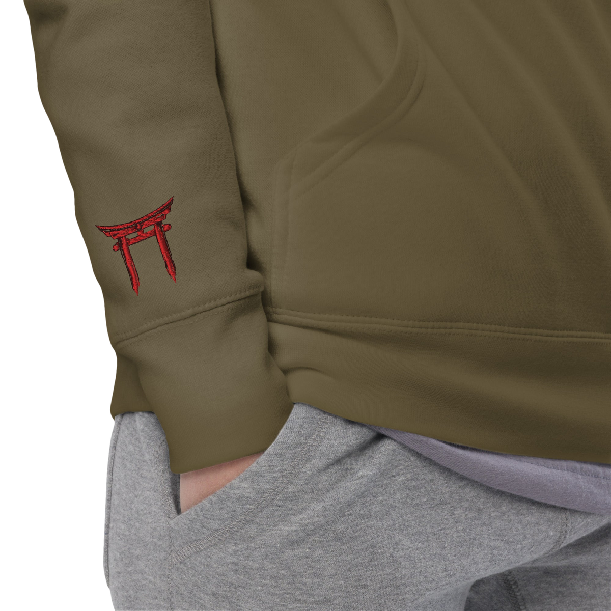 Hoodie Signature brodé noir en coton bio Ink Pick Me, logo et torii rouge – photo 6