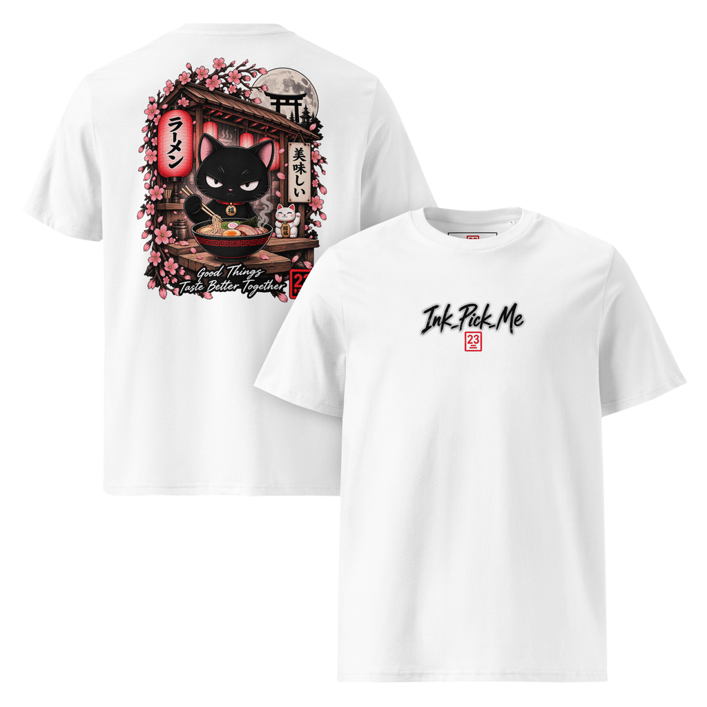 T-shirt blanc Lucky Ramen Ink Pick Me, chat noir tenant des ramen, sakura au dos