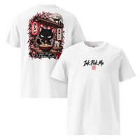 T-shirt blanc Lucky Ramen Ink Pick Me, chat noir tenant des ramen, sakura au dos