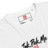 T-shirt blanc Lucky Ramen, logo Ink-Pick-Me à l'avant près du col