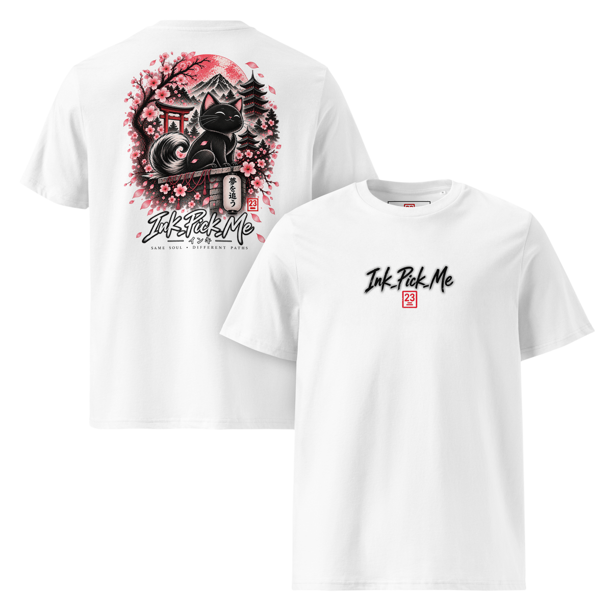 White unisex t-shirt featuring a graphic print of a black cat among cherry blossoms and a Japanese landscape on the back.