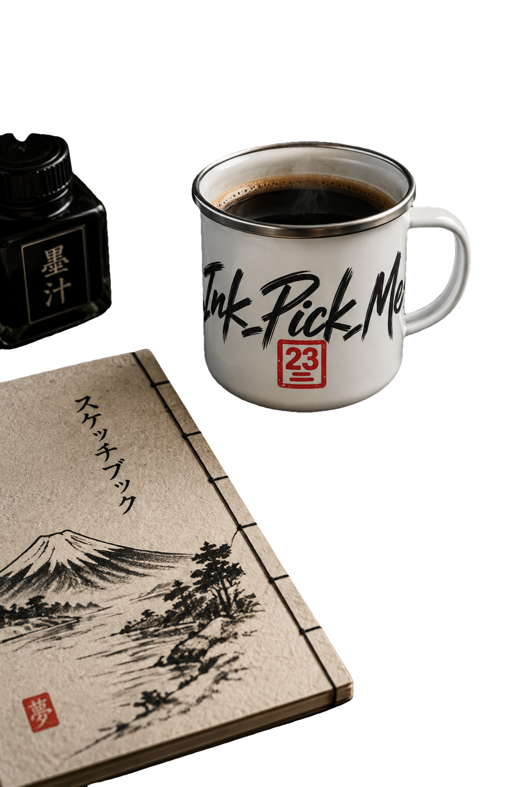 Mug émaillé Ink Pick Me posé sur un bureau sombre avec carnet japonais et plume, ambiance dark aesthetic