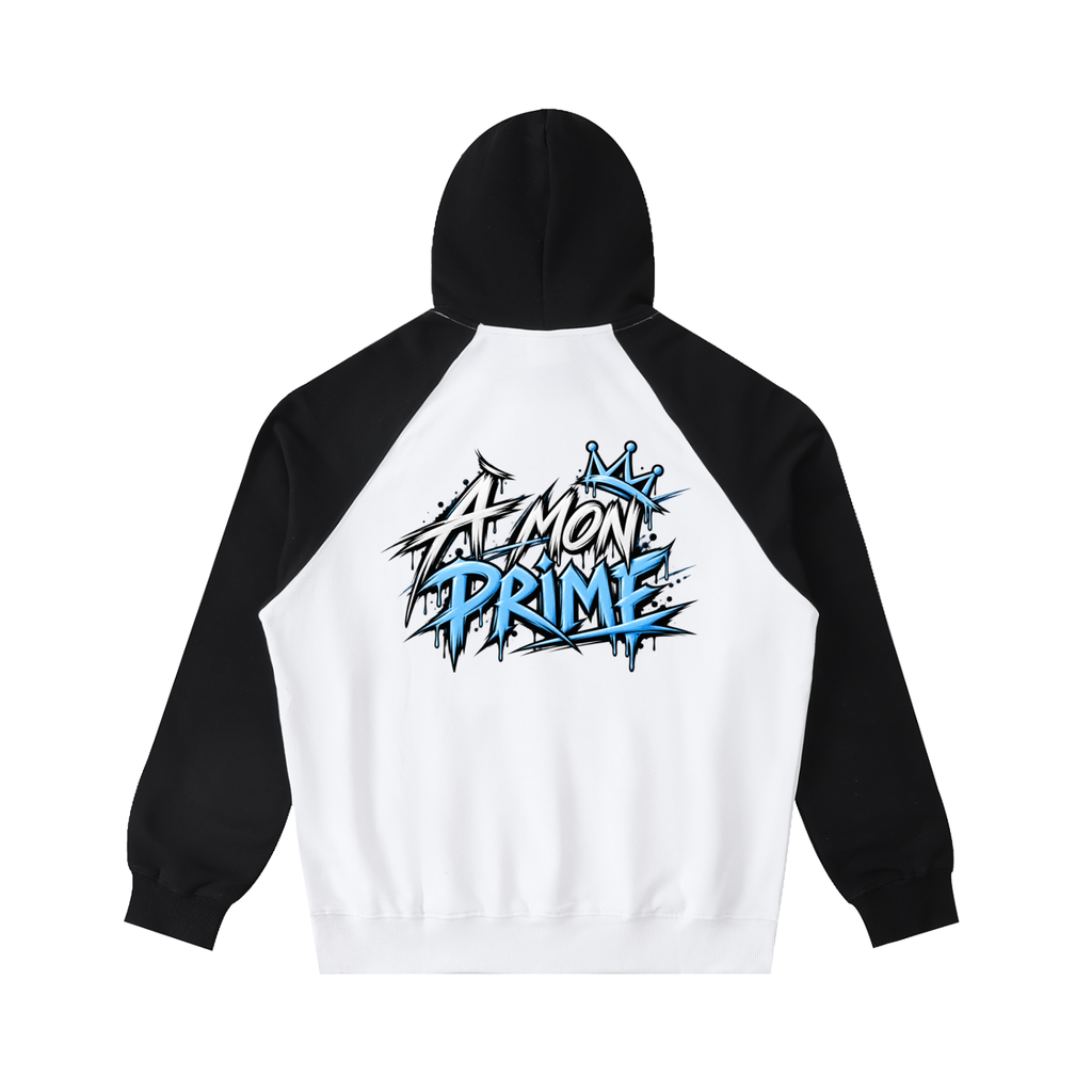 Hoodie oversize Urban Crown Ink Pick Me blanc et noir, graffiti « A MON PRIME » bleu – vue de dos