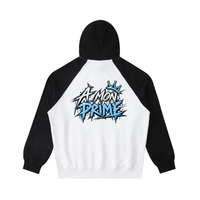 Hoodie oversize Urban Crown Ink Pick Me blanc et noir, graffiti « A MON PRIME » bleu – vue de dos