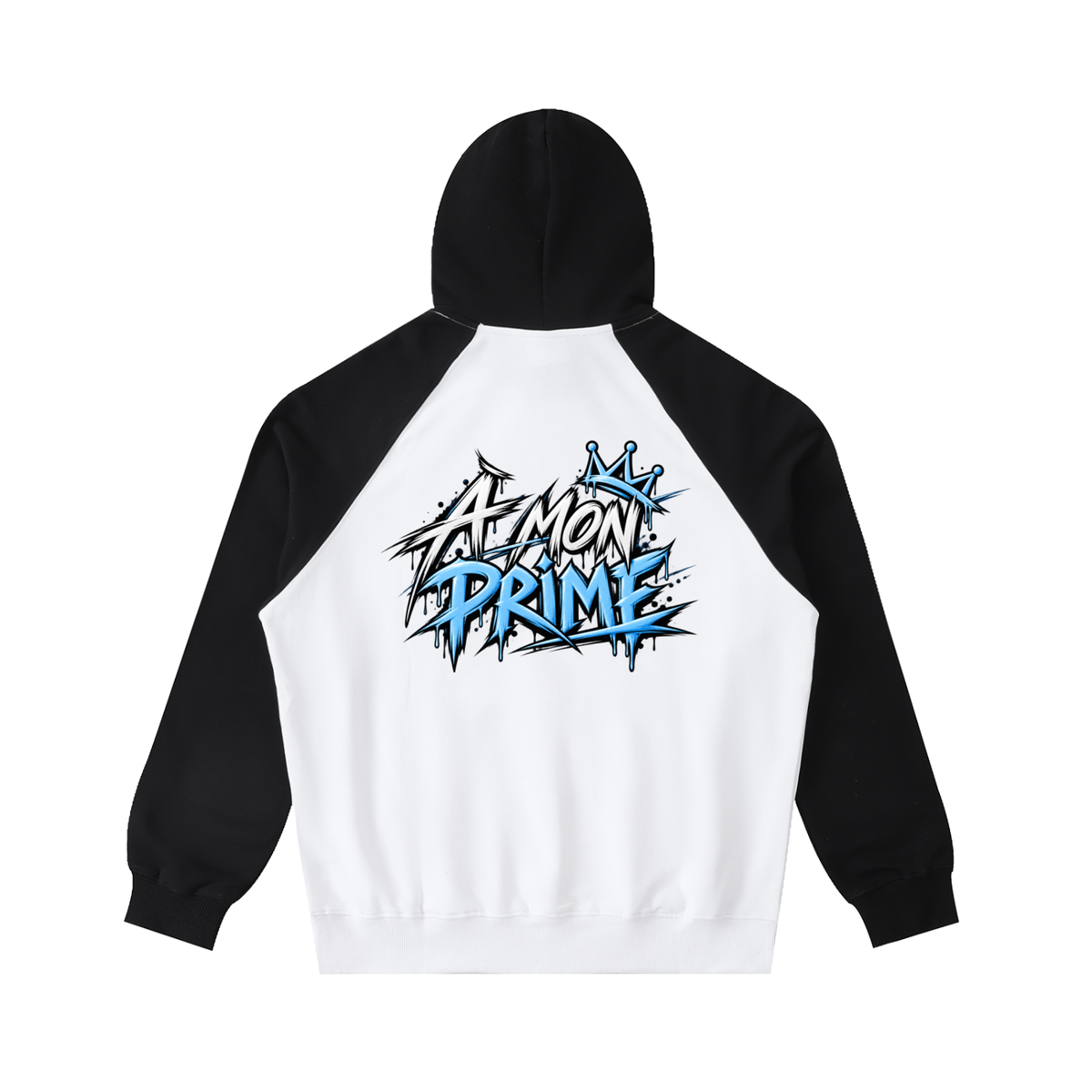 Hoodie oversize Urban Crown Ink Pick Me blanc et noir, graffiti « A MON PRIME » bleu – vue de dos