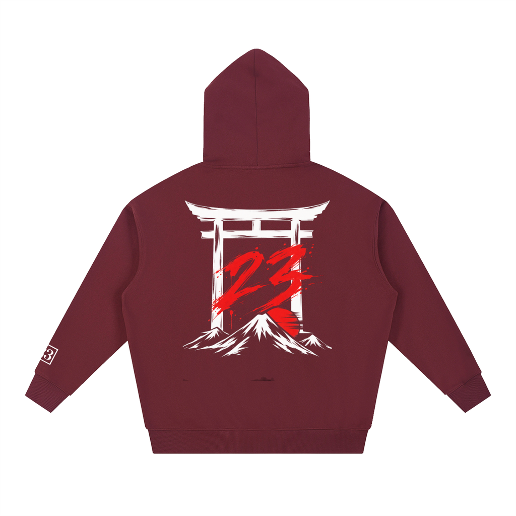 Hoodie oversize Torii 23 bordeaux Ink Pick Me, torii et 23 rouge au dos
