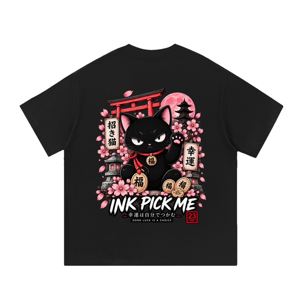 T-shirt oversize Good Luck Is a Choice noir Ink Pick Me, Maneki Neko et sakura au dos