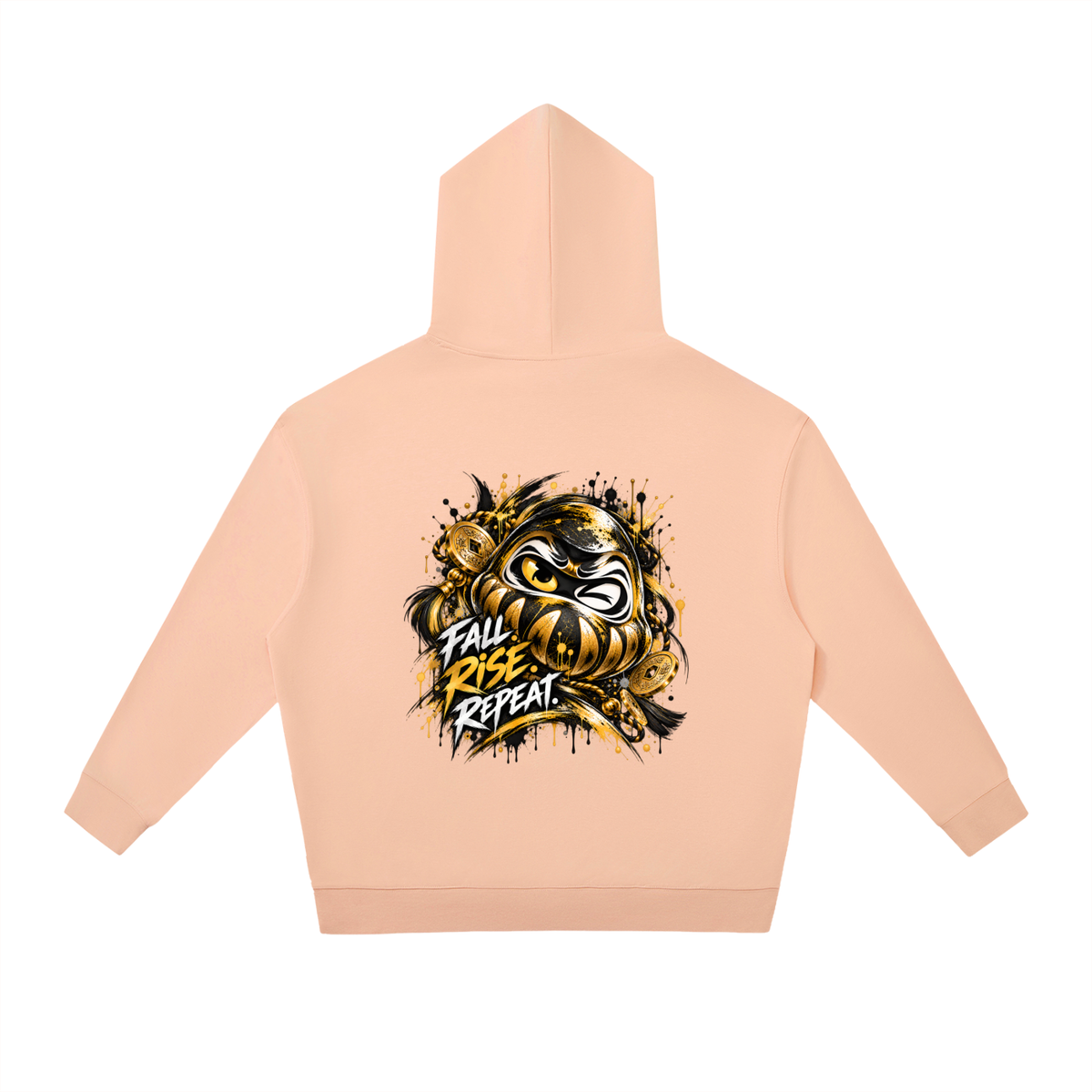 Oversized peach hoodie with a gold Daruma graphic and "FALL RISE REPEAT" text, featuring a relaxed fit and kangaroo pocket.