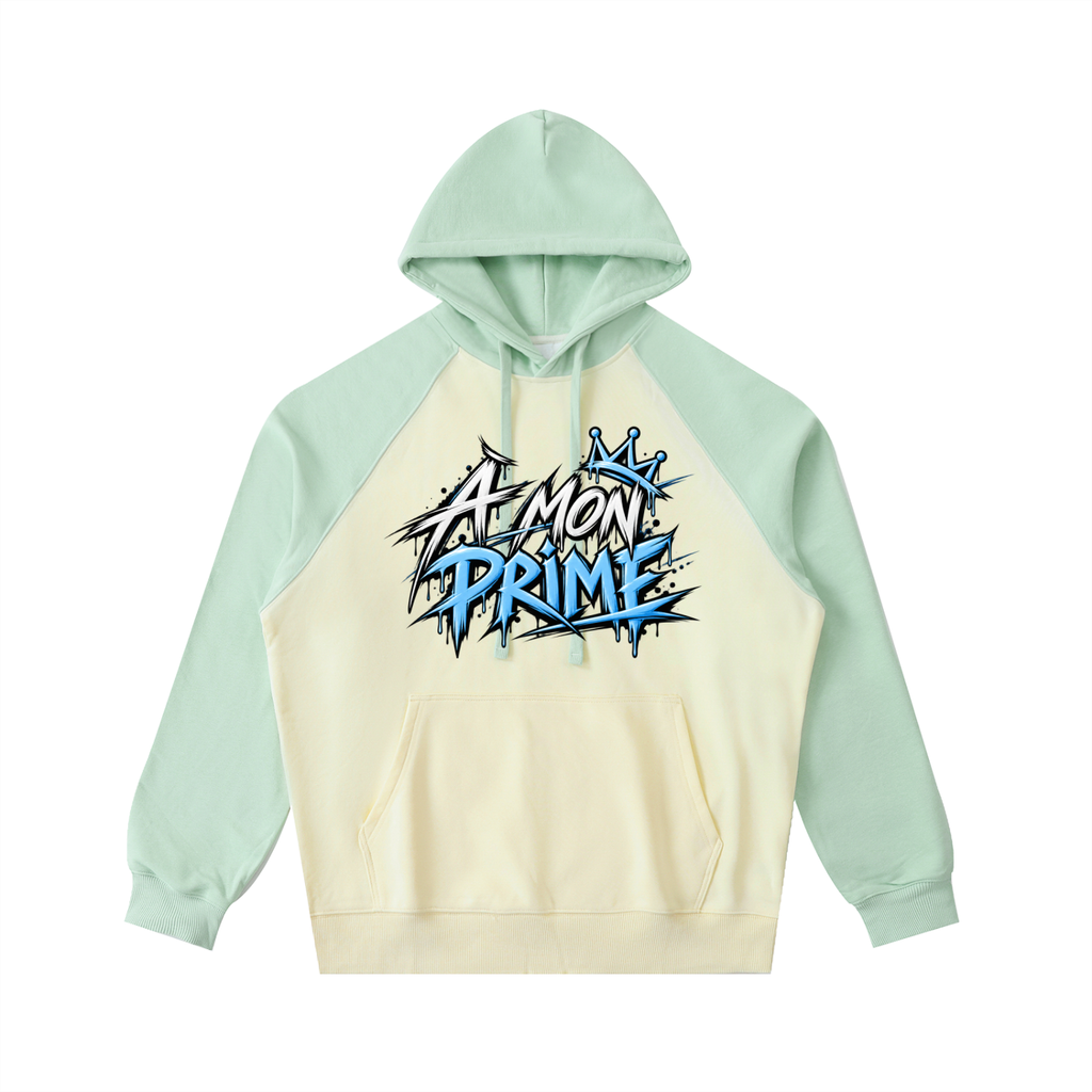 Hoodie oversize Urban Crown Ink Pick Me abricot clair à manches vertes, graffiti bleu – vue de face