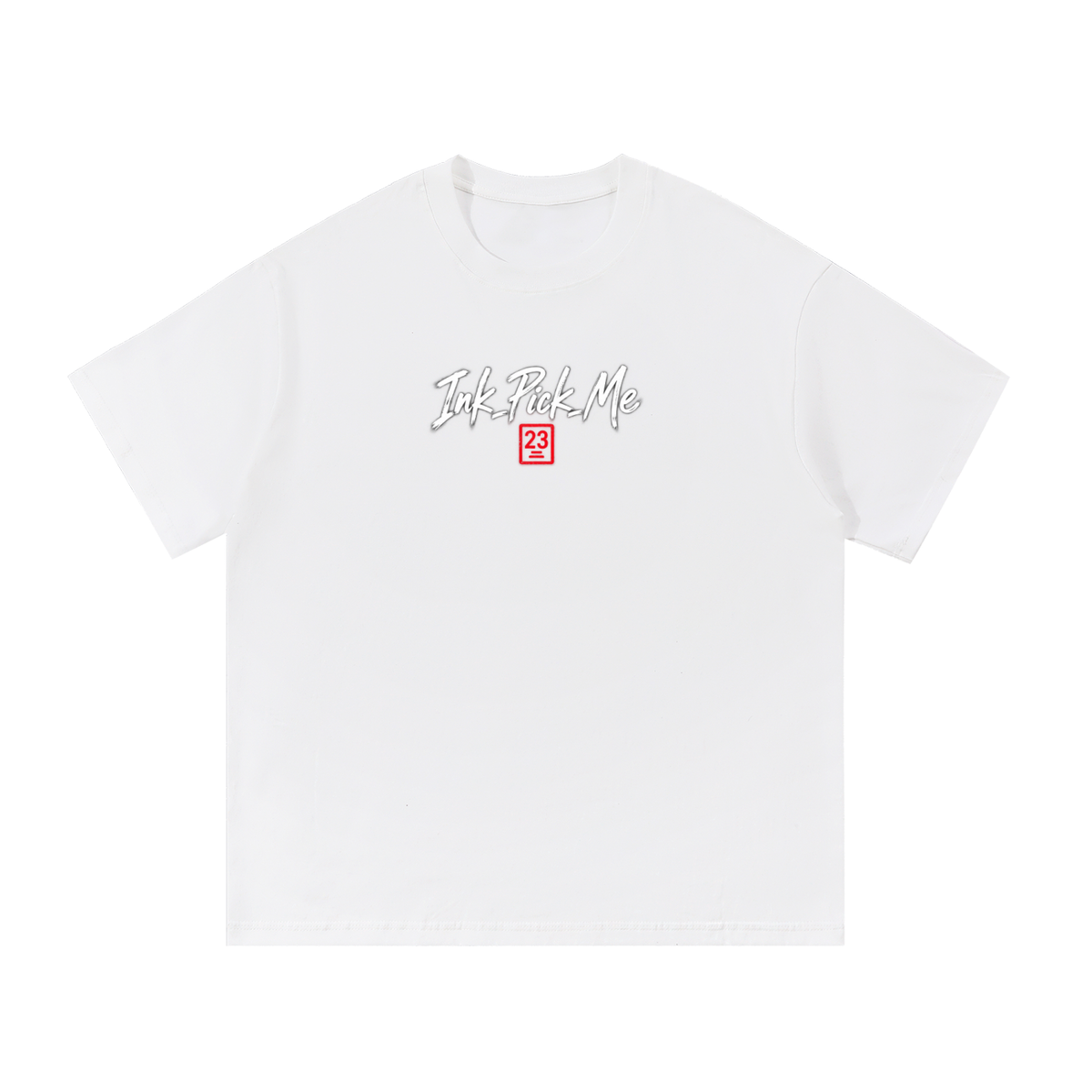 White oversized T-shirt featuring "Ink Pick Me" logo with red box, short sleeves, and a relaxed fit.