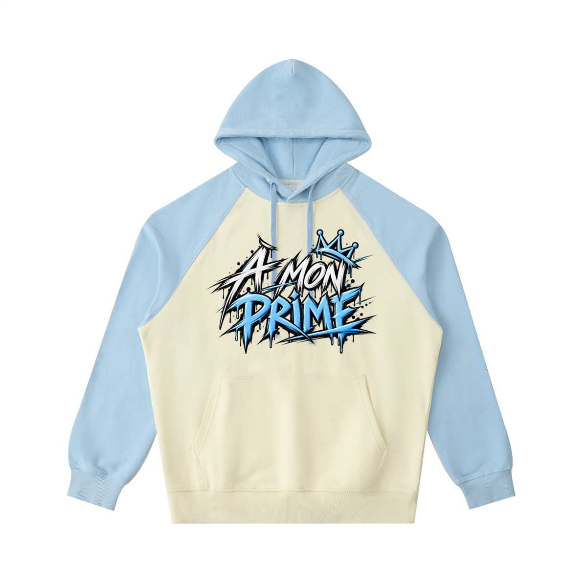Hoodie oversize Urban Crown Ink Pick Me abricot clair et bleu ciel, graffiti noir et bleu – vue de face