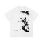Oversized white t-shirt featuring black abstract ink splatter design and a rounded neckline.