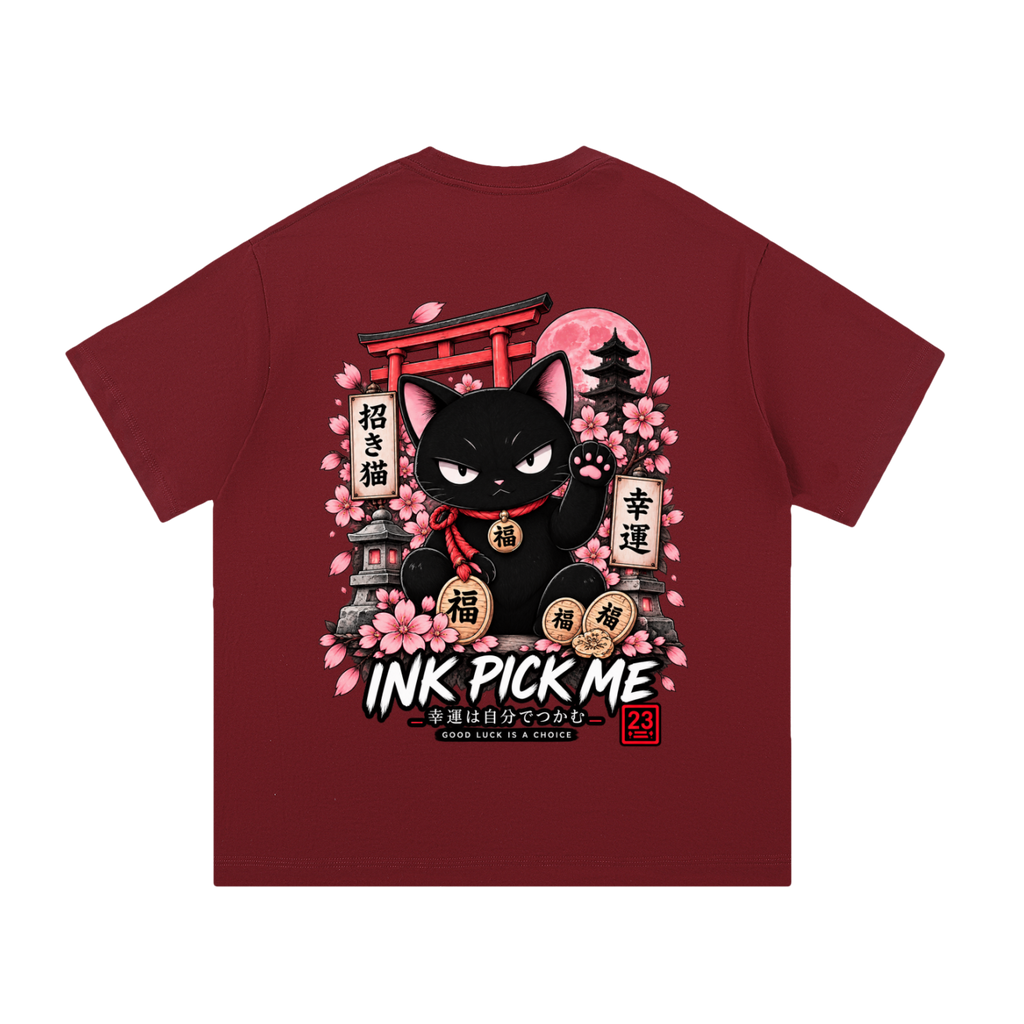 T-shirt oversize Good Luck Is a Choice bordeaux Ink Pick Me, Maneki Neko et sakura au dos
