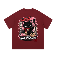 T-shirt oversize Good Luck Is a Choice bordeaux Ink Pick Me, Maneki Neko et sakura au dos