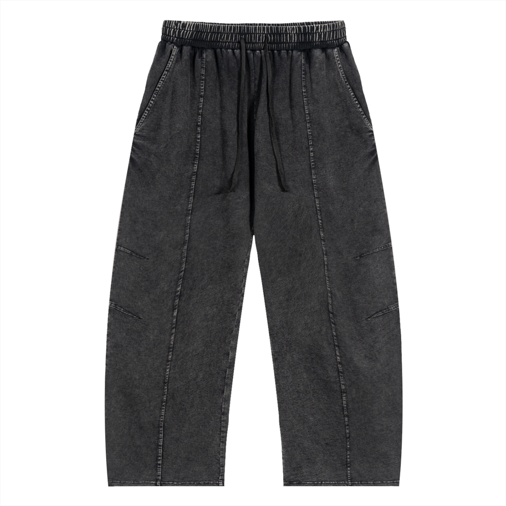 Snow Wash drawstring cotton pants in dark gray with a relaxed fit, featuring side pockets and a faded finish.