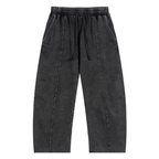 Snow Wash drawstring cotton pants in dark gray with a relaxed fit, featuring side pockets and a faded finish.