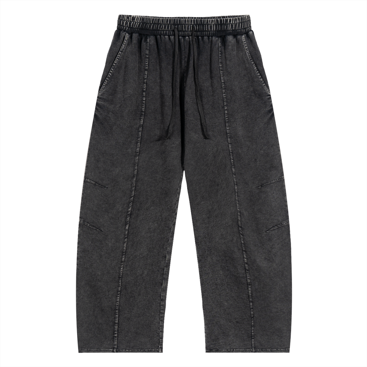 Snow Wash drawstring cotton pants in dark gray with a relaxed fit, featuring side pockets and a faded finish.