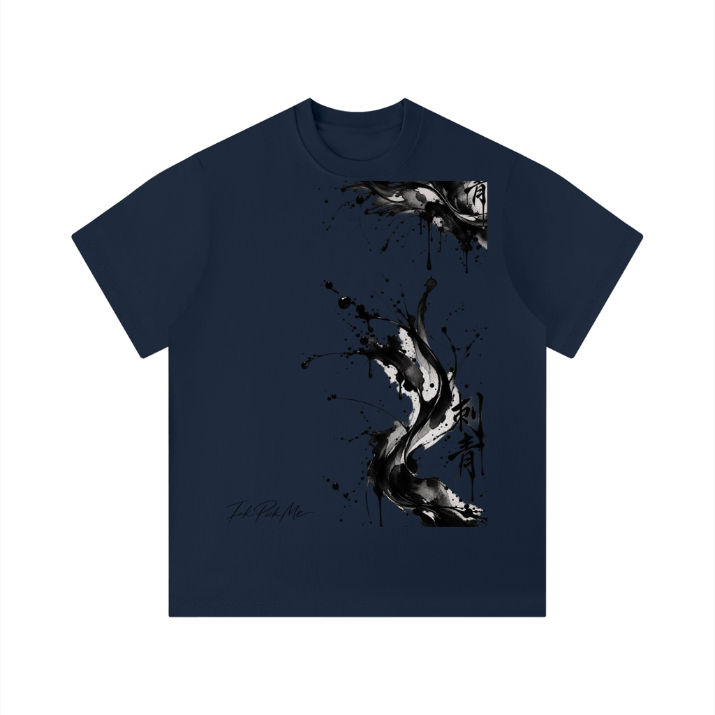 Navy blue unisex t-shirt with a bold black ink splash design on the front and a classic round neckline.