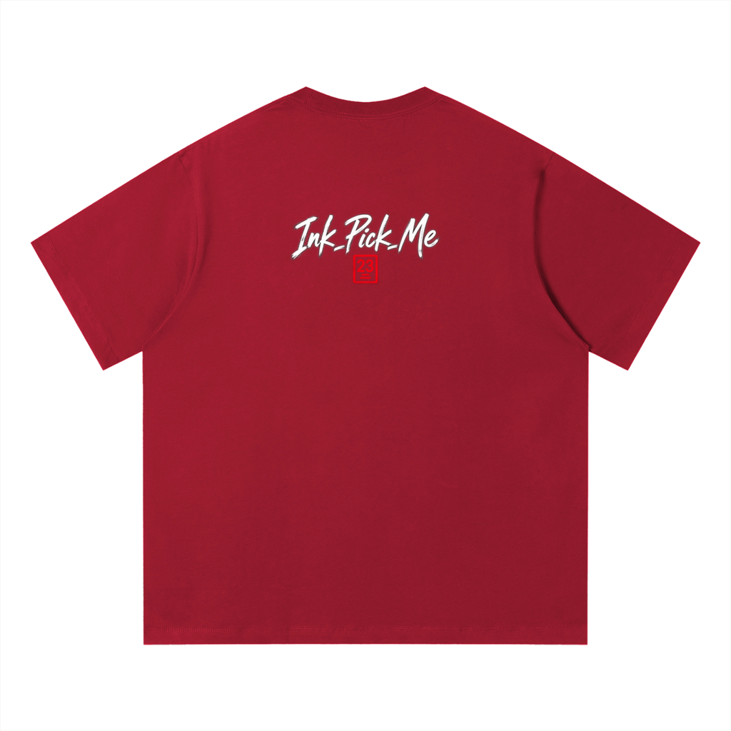 Unisex red T-shirt made of organic cotton, featuring a stylish graphic in white on the back with "Ink Pick Me.