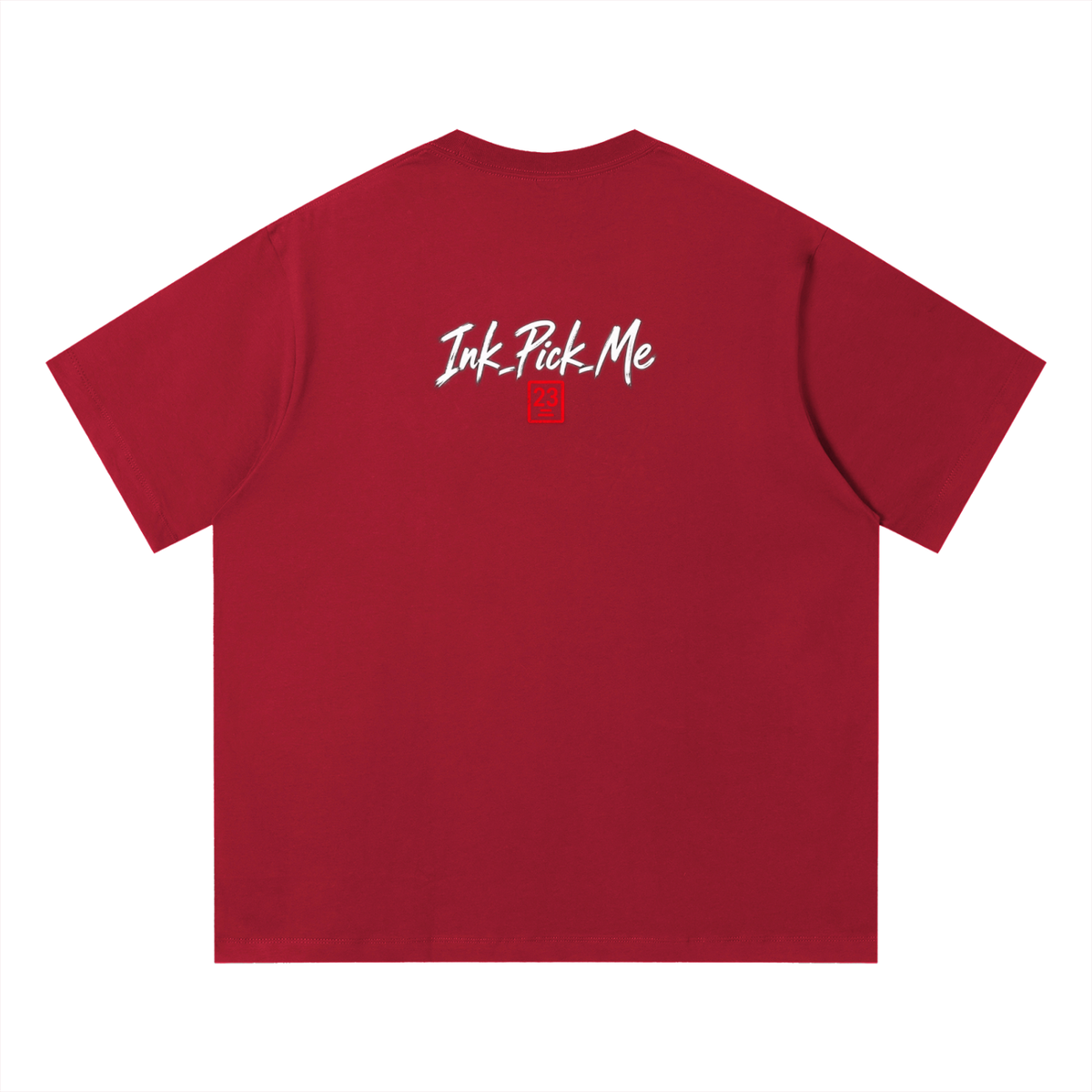 Unisex red T-shirt made of organic cotton, featuring a stylish graphic in white on the back with "Ink Pick Me.