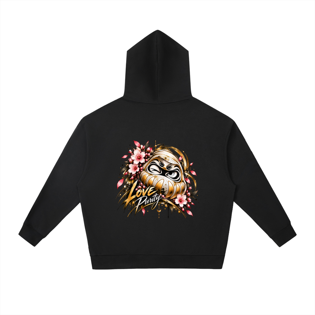 Black oversized hoodie featuring a colorful daruma graphic with pink flowers and the words "Love Purity" on the back.
