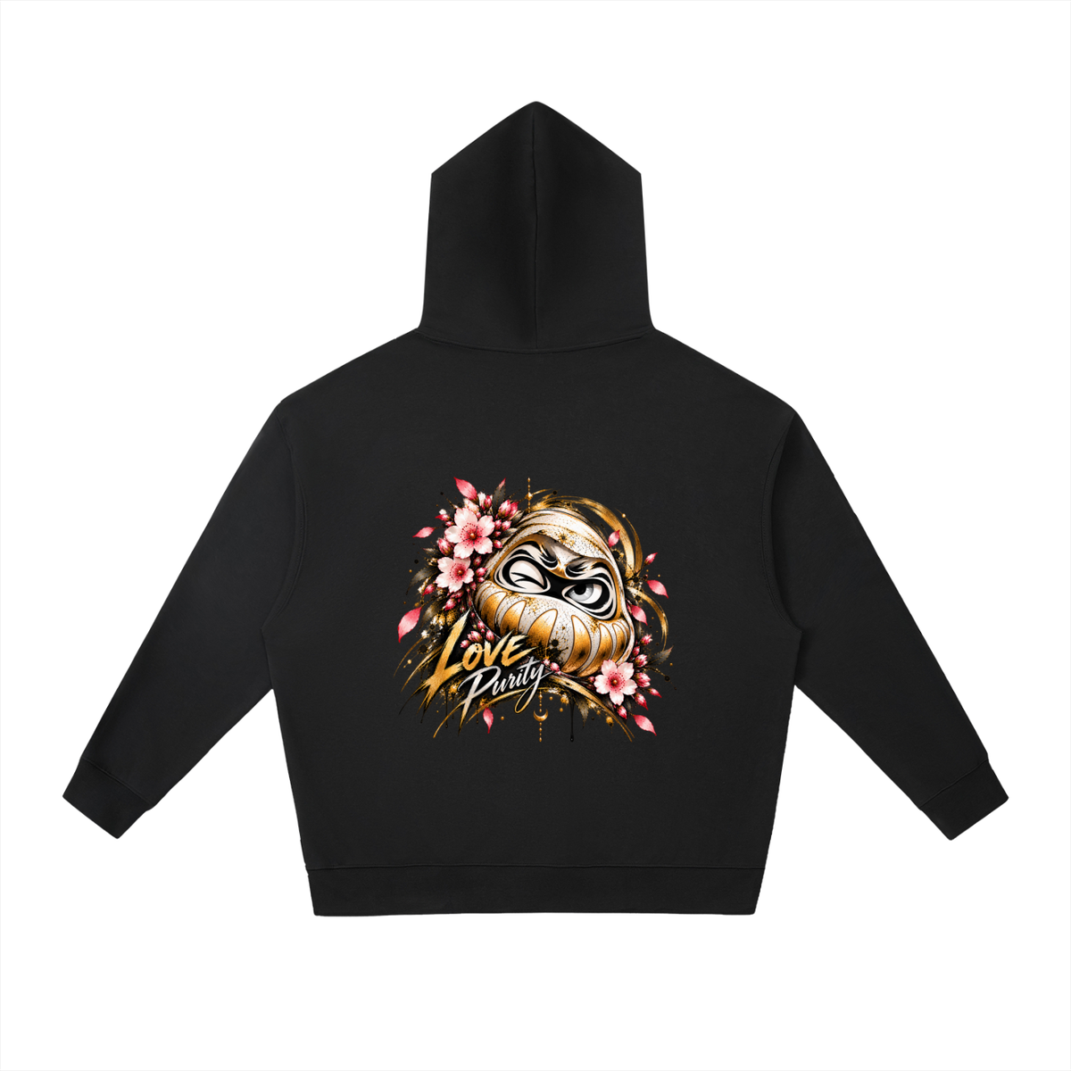 Black oversized hoodie featuring a colorful daruma graphic with pink flowers and the words "Love Purity" on the back.