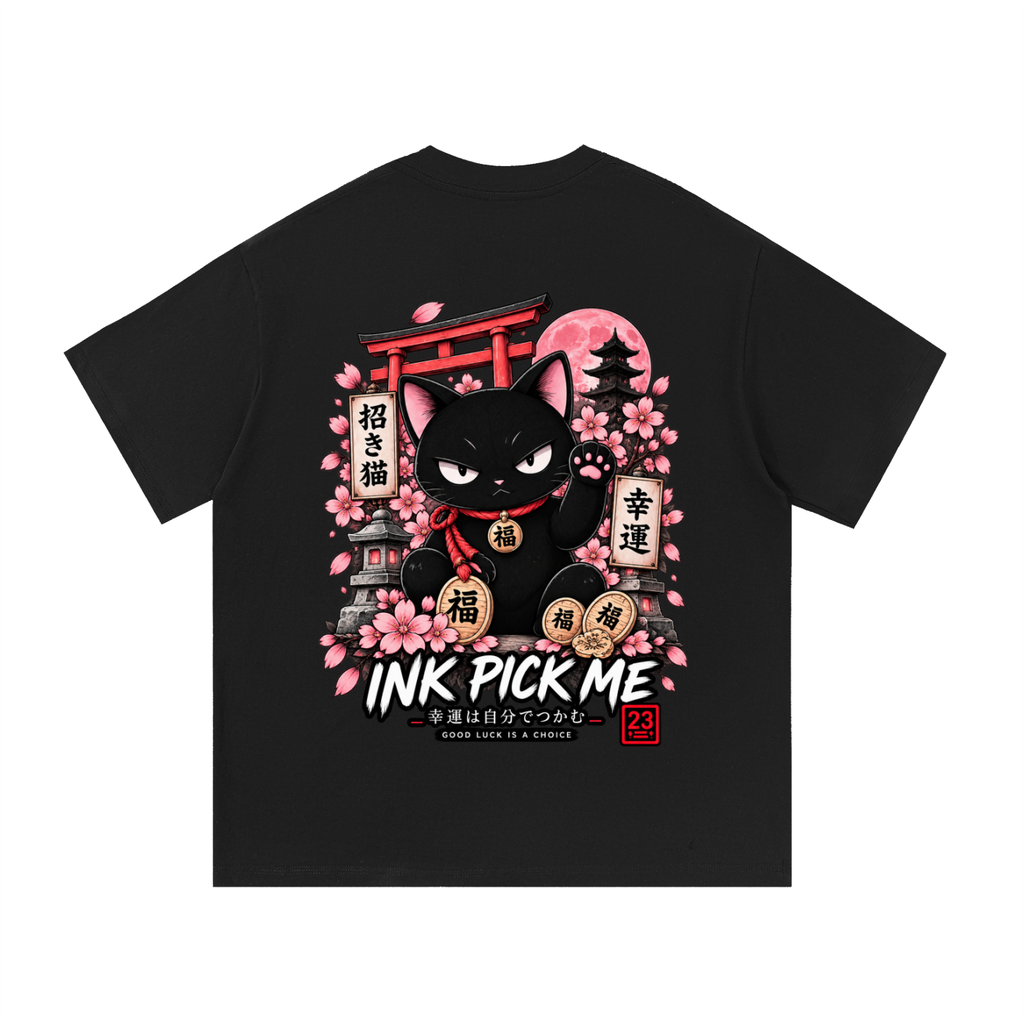 Black oversized T-shirt featuring a graphic of a black cat with a red collar, surrounded by cherry blossoms and a torii gate.