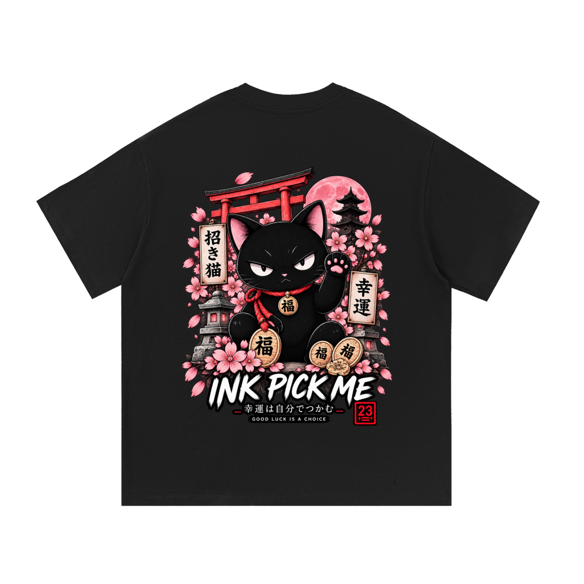 Black oversized T-shirt featuring a graphic of a black cat with a red collar, surrounded by cherry blossoms and a torii gate.