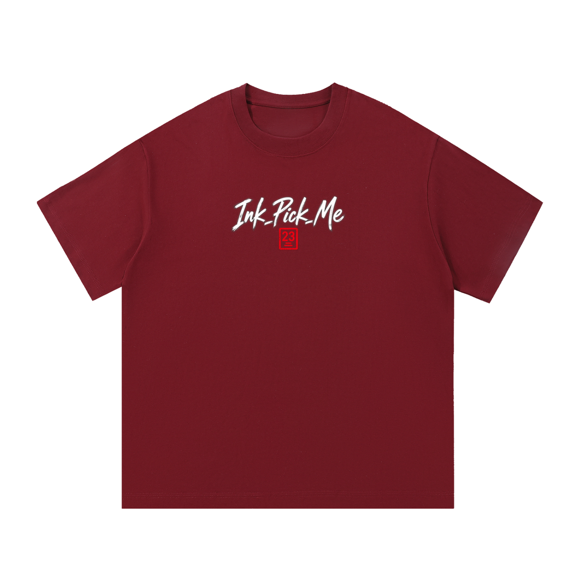 Burgundy oversized T-shirt featuring the "Ink Pick Me" logo in white, with a round neckline and classic short sleeves.