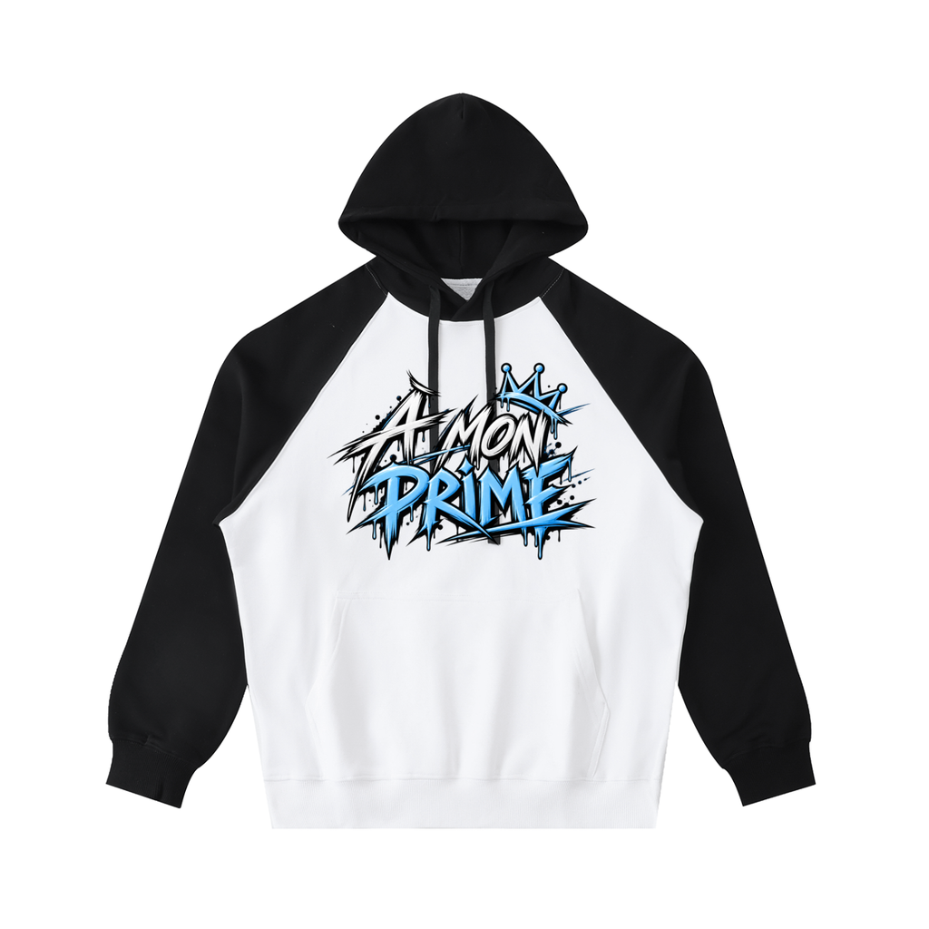 Hoodie oversize Urban Crown Ink Pick Me blanc et noir, lettrage graffiti bleu – vue de face
