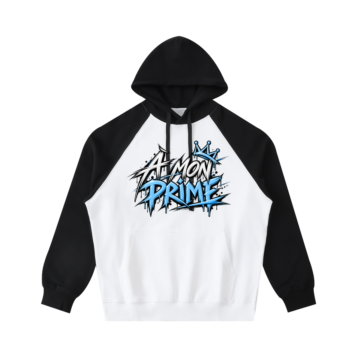 Hoodie oversize Urban Crown Ink Pick Me blanc et noir, lettrage graffiti bleu – vue de face