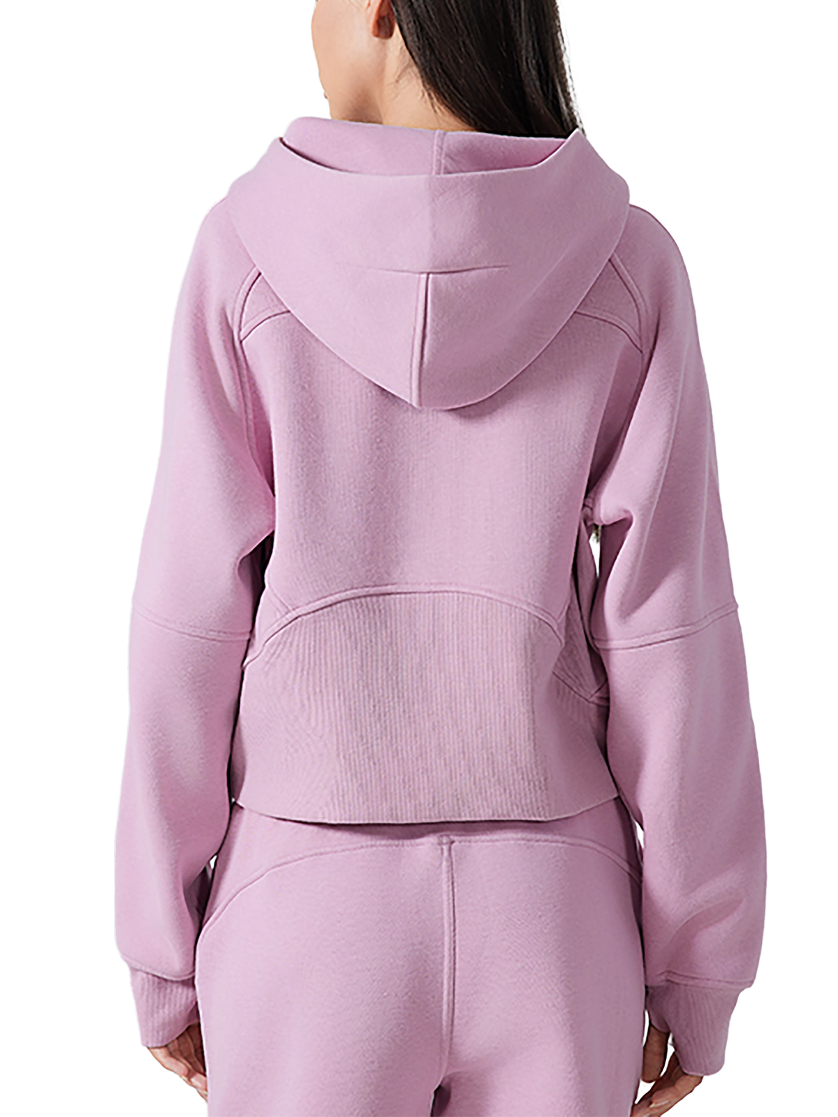 Hoodie court demi-zip rose Ink Pick Me porté – vue de dos avec capuche
