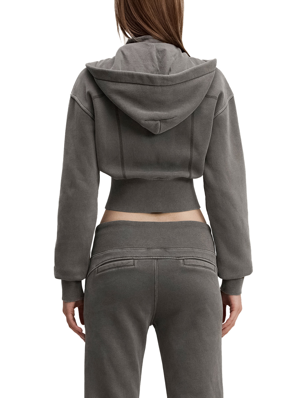 Hoodie cropped zippé délavé Ink Pick Me porté – vue de dos avec capuche