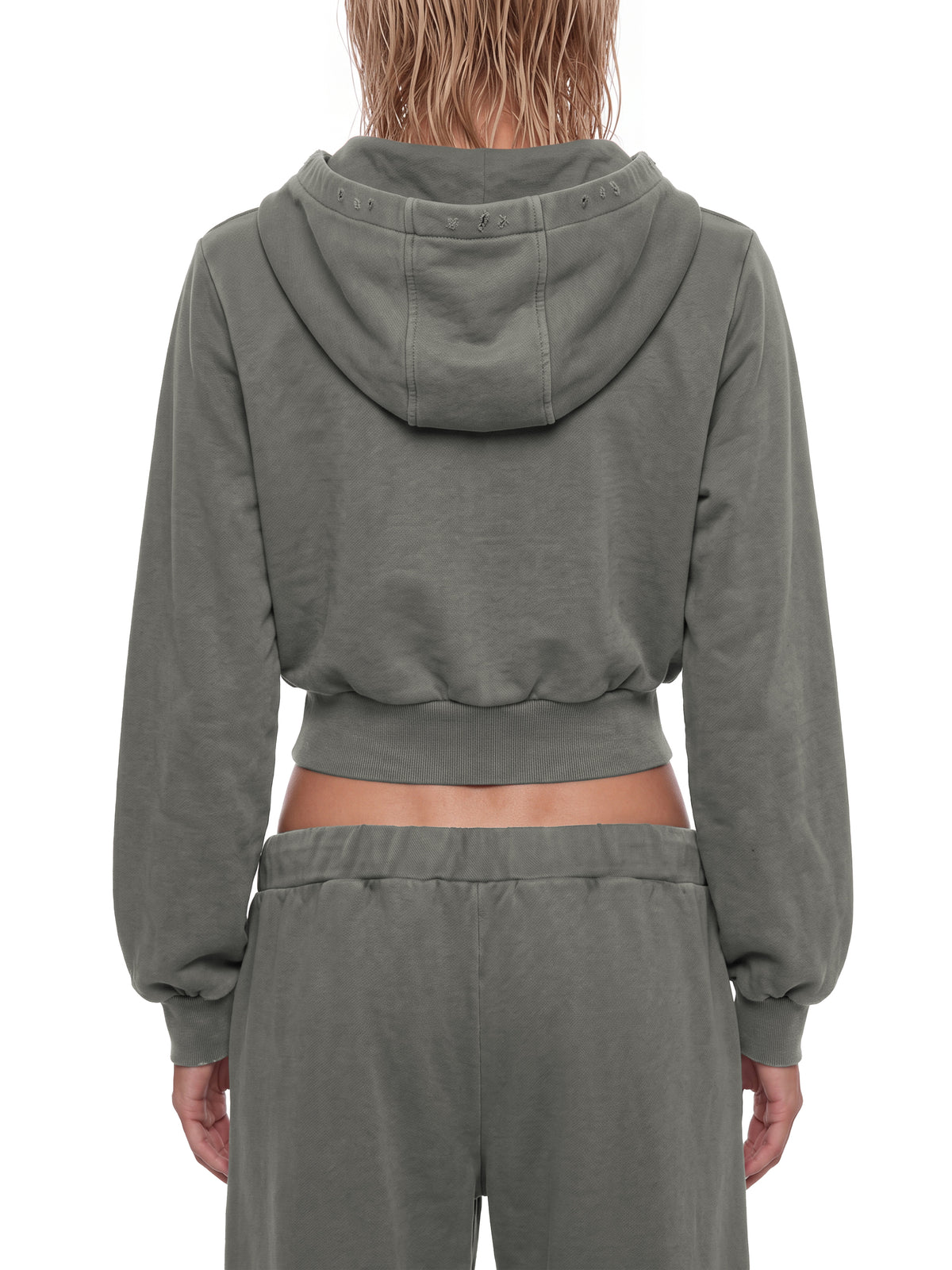 Hoodie zippé court délavé Ink Pick Me porté – vue de dos avec capuche