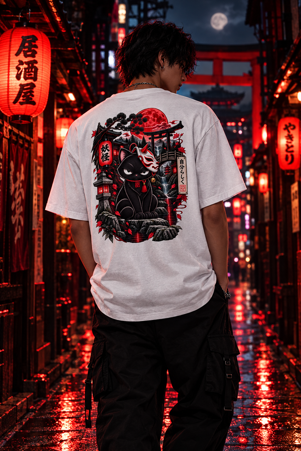 T-shirt streetwear japonais Yokai porté dans une ruelle de Tokyo la nuit, ambiance dark kawaii, lanternes rouges
