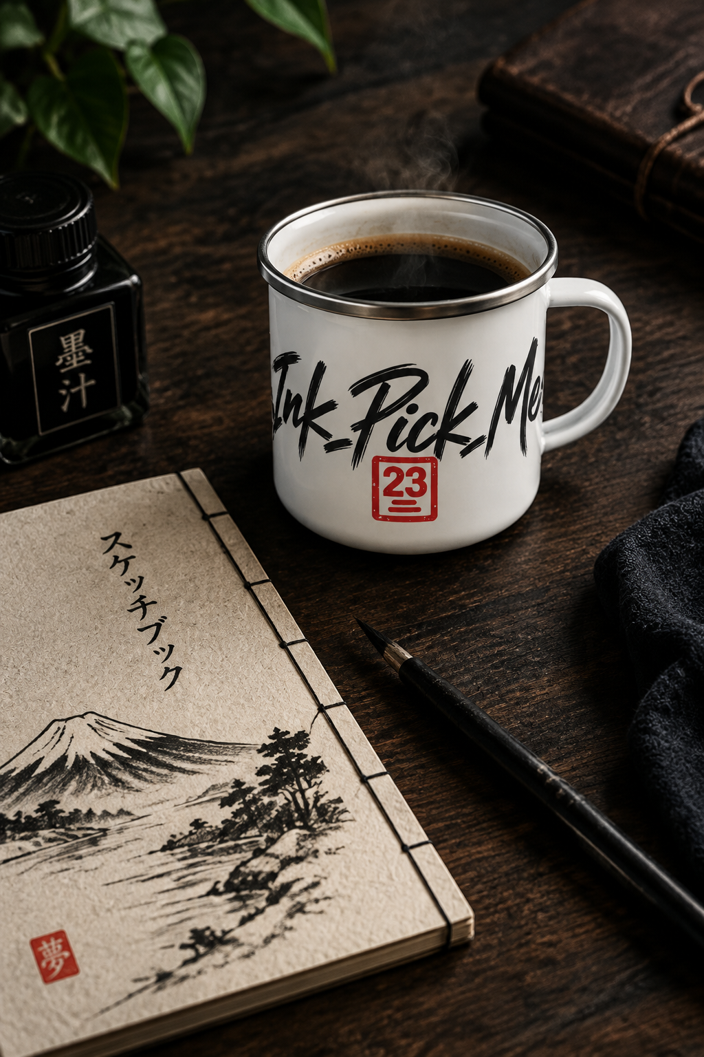 Mug émaillé Ink Pick Me posé sur un bureau sombre avec carnet japonais et plume, ambiance dark aesthetic