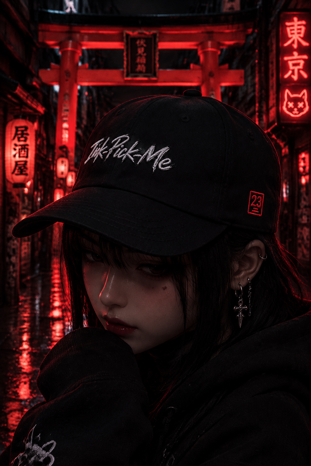 Casquette streetwear brodée Ink Pick Me portée de nuit dans une ruelle japonaise, torii et néons rouges