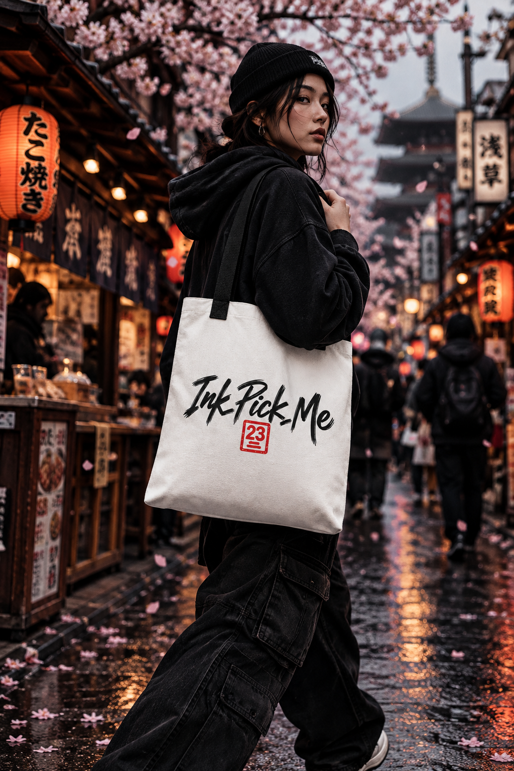 Tote bag Ink Pick Me porté dans un marché de rue japonais, sakura et ambiance dark urbaine
